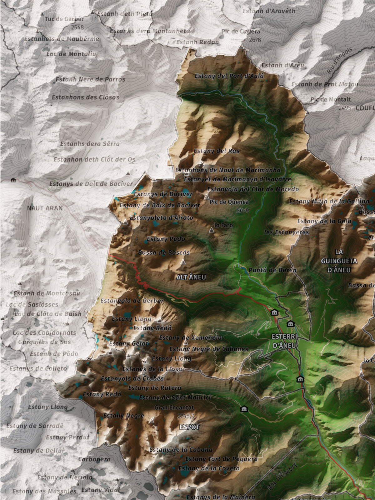 Mapa de relleu del Pallars Sobirà, amb el territori en color i l’entorn en blanc. Detall de la part superior esquerra. 30 × 40 cm. Estil Clàssic.