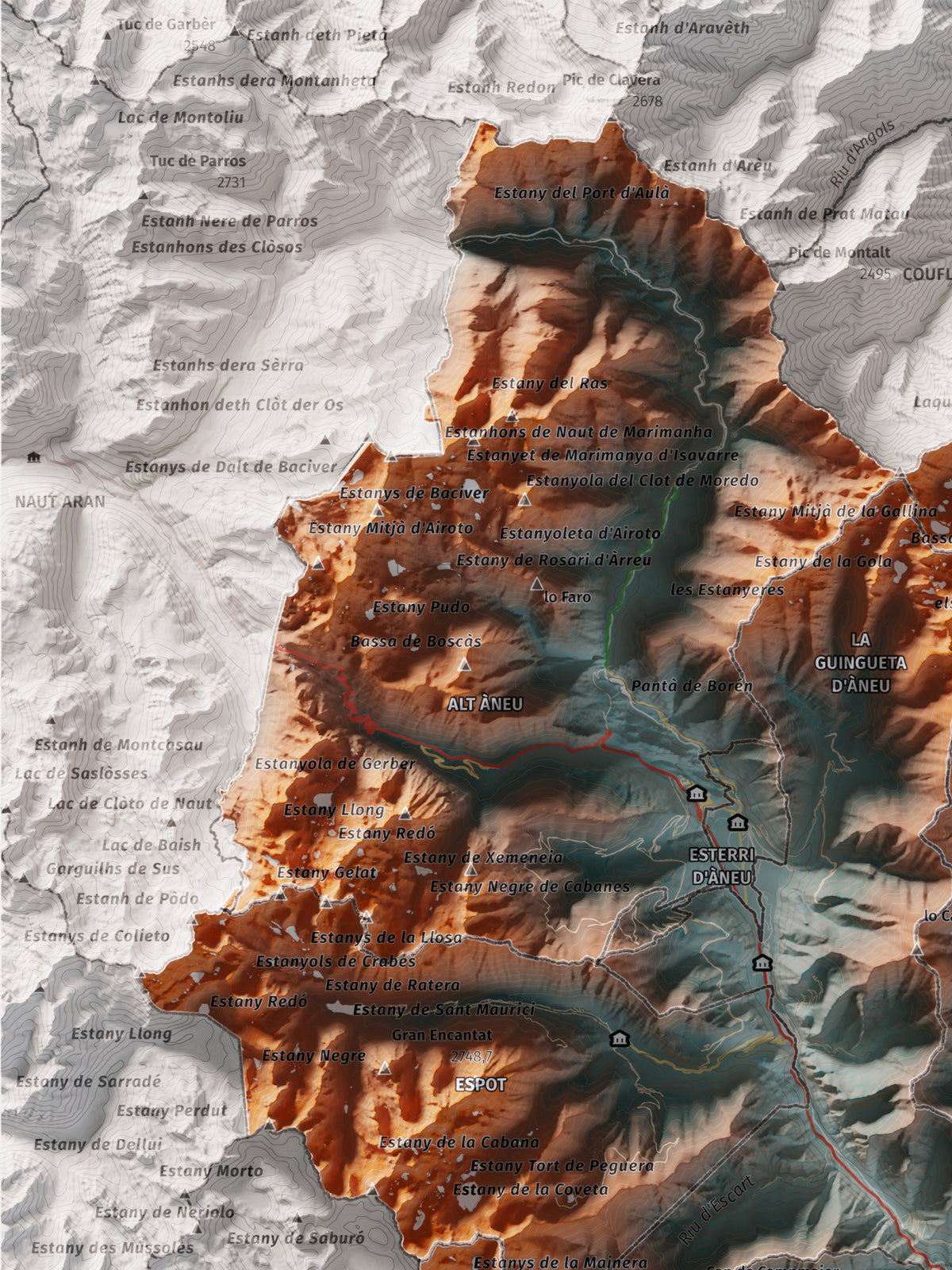 Mapa de relleu del Pallars Sobirà, amb el territori en color i l’entorn en blanc. Detall de la part superior esquerra. 30 × 40 cm. Estil Blau i taronja.