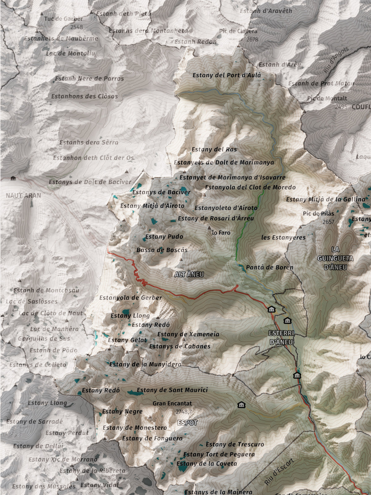 Mapa de relleu del Pallars Sobirà, amb el territori en color i l’entorn en blanc. Detall de la part superior esquerra. 30 × 40 cm. Estil Cartogràfic.