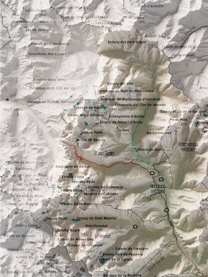 Mapa de relleu del Pallars Sobirà, amb el territori en color i l’entorn en blanc. Detall de la part superior esquerra. 30 × 40 cm. Estil Cartogràfic.