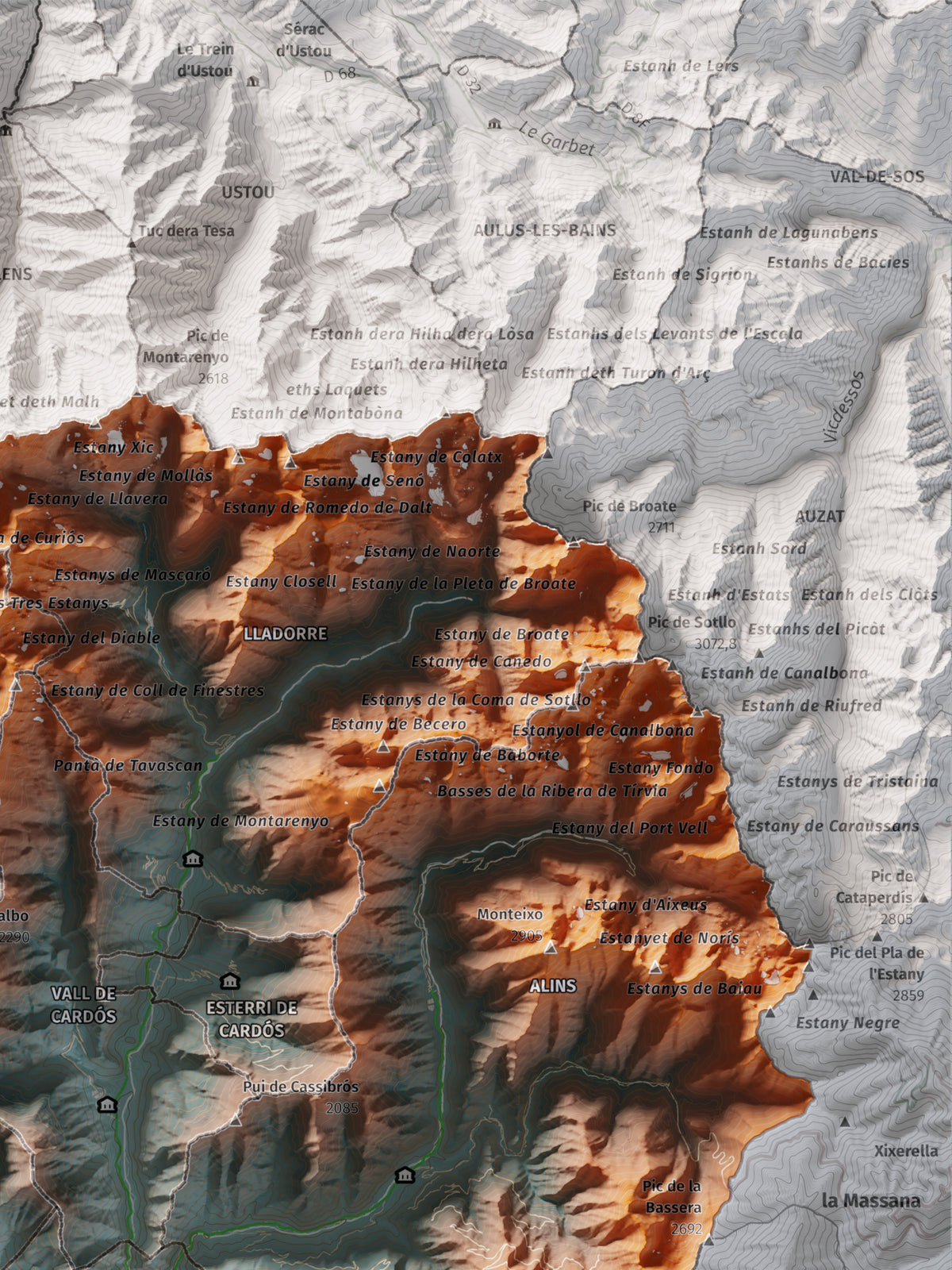 Mapa de relleu del Pallars Sobirà, amb el territori en color i l’entorn en blanc. Detall de la part superior dreta. 30 × 40 cm. Estil Blau i taronja.