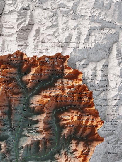 Mapa de relleu del Pallars Sobirà, amb el territori en color i l’entorn en blanc. Detall de la part superior dreta. 30 × 40 cm. Estil Blau i taronja.