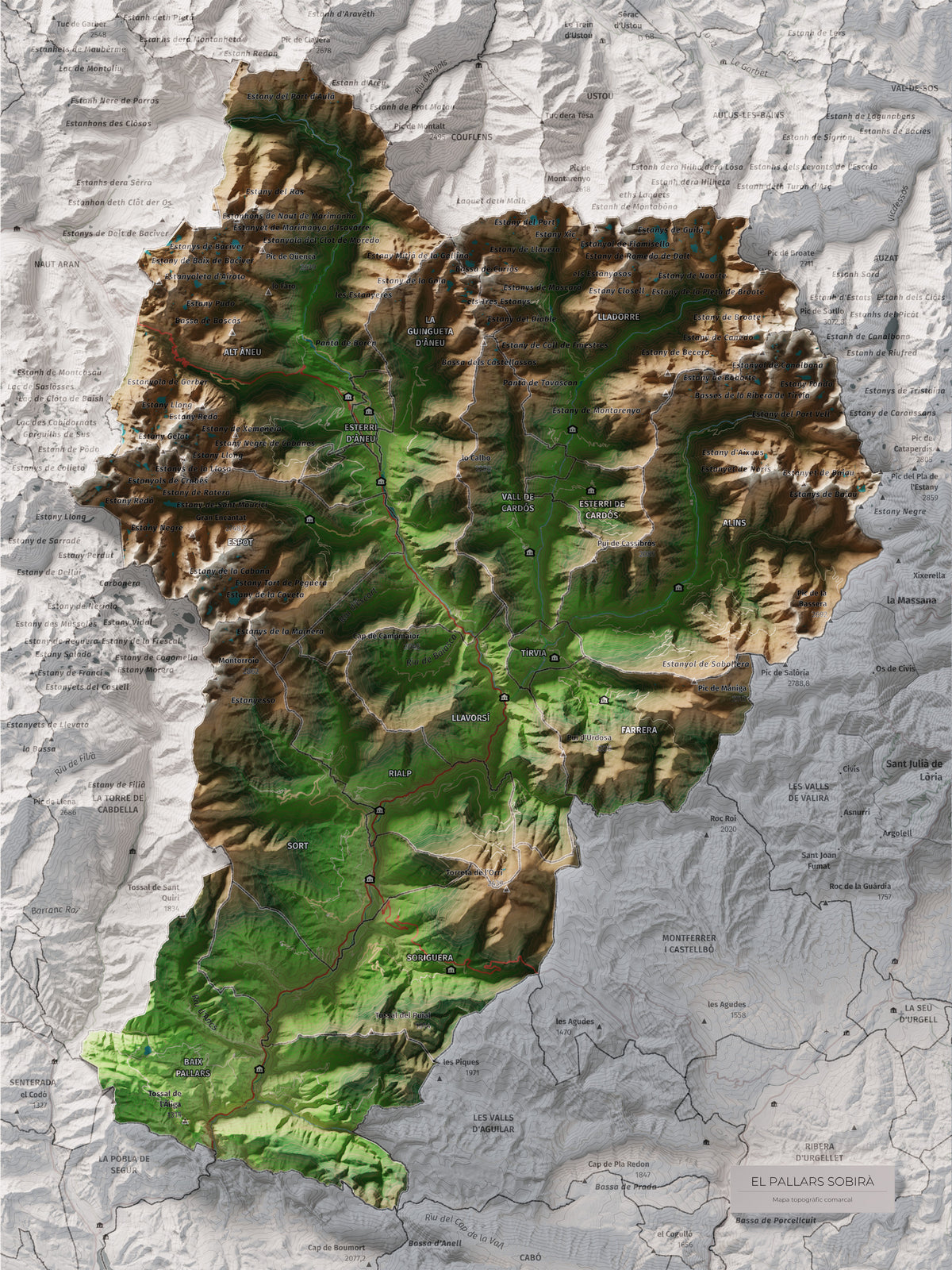 Mapa de relleu del Pallars Sobirà, amb el territori en color i l’entorn en blanc. Vista completa de la làmina. 30 × 40 cm. Estil Clàssic.