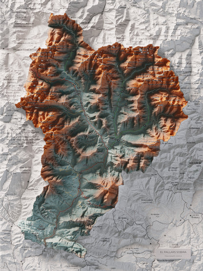 Mapa de relleu del Pallars Sobirà, amb el territori en color i l’entorn en blanc. Vista completa de la làmina. 30 × 40 cm. Estil Blau i taronja.