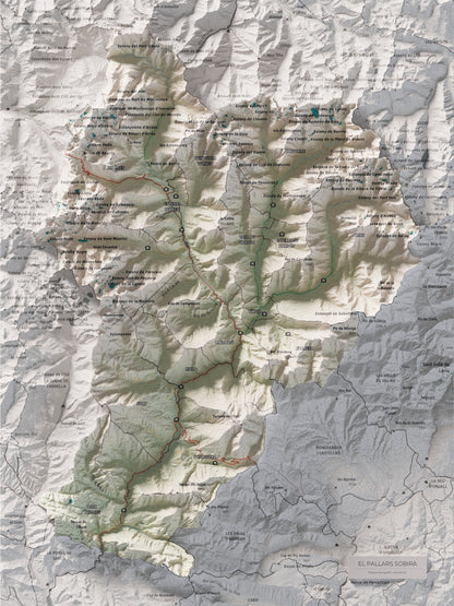Mapa de relleu del Pallars Sobirà, amb el territori en color i l’entorn en blanc. Vista completa de la làmina. 30 × 40 cm. Estil Cartogràfic.