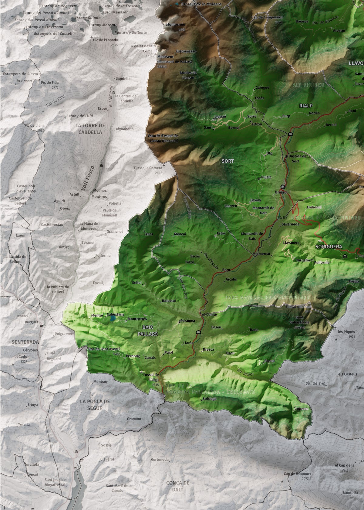 Mapa de relleu del Pallars Sobirà, amb el territori en color i l’entorn en blanc. Detall de la part inferior esquerra. 50 × 70 cm. Estil Clàssic.