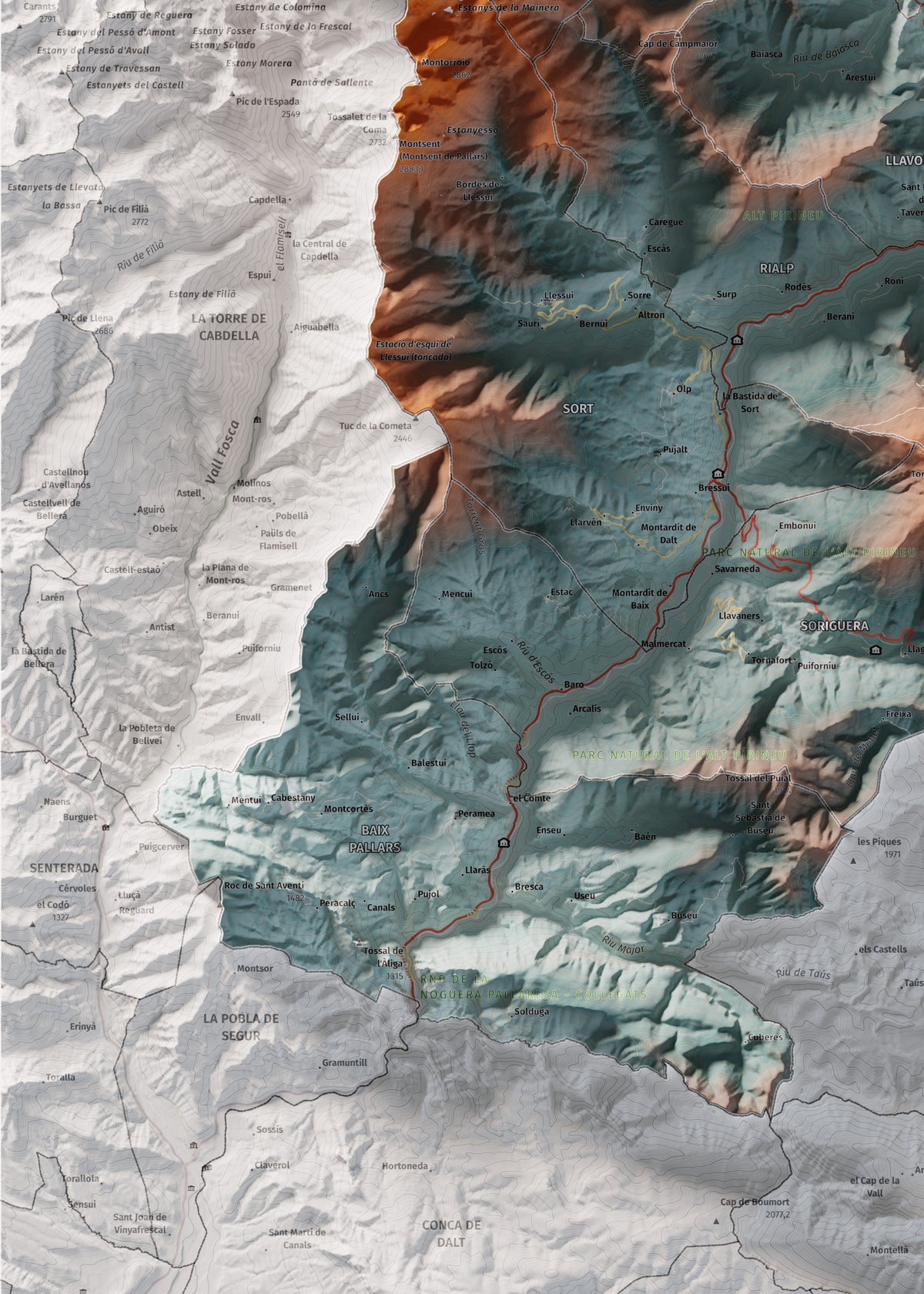 Mapa de relleu del Pallars Sobirà, amb el territori en color i l’entorn en blanc. Detall de la part inferior esquerra. 50 × 70 cm. Estil Blau i taronja.