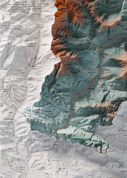 Mapa de relleu del Pallars Sobirà, amb el territori en color i l’entorn en blanc. Detall de la part inferior esquerra. 50 × 70 cm. Estil Blau i taronja.