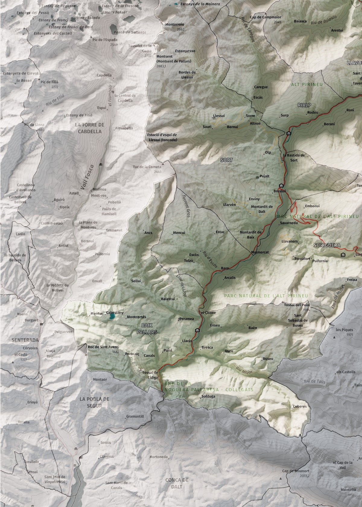 Mapa de relleu del Pallars Sobirà, amb el territori en color i l’entorn en blanc. Detall de la part inferior esquerra. 50 × 70 cm. Estil Cartogràfic.