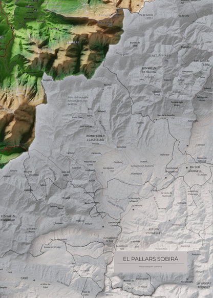 Mapa de relleu del Pallars Sobirà, amb el territori en color i l’entorn en blanc. Detall de la part inferior dreta. 50 × 70 cm. Estil Clàssic.
