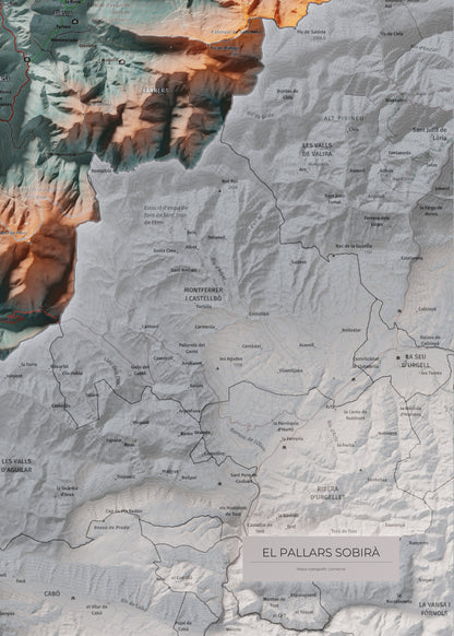 Mapa de relleu del Pallars Sobirà, amb el territori en color i l’entorn en blanc. Detall de la part inferior dreta. 50 × 70 cm. Estil Blau i taronja.