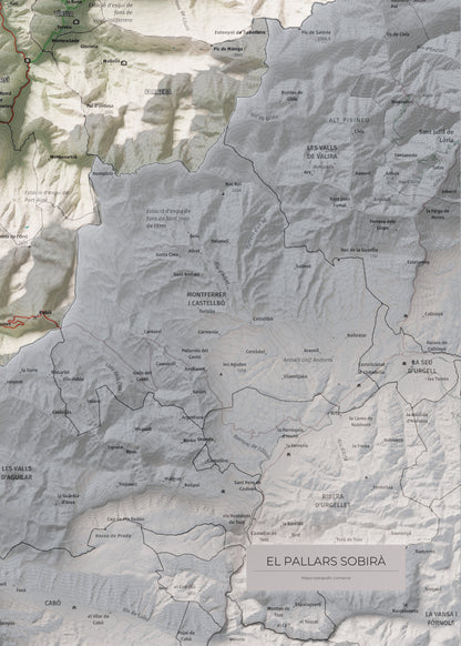 Mapa de relleu del Pallars Sobirà, amb el territori en color i l’entorn en blanc. Detall de la part inferior dreta. 50 × 70 cm. Estil Cartogràfic.