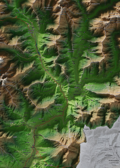 Mapa de relleu del Pallars Sobirà, amb el territori en color i l’entorn en blanc. Detall de la part central. 50 × 70 cm. Estil Clàssic.