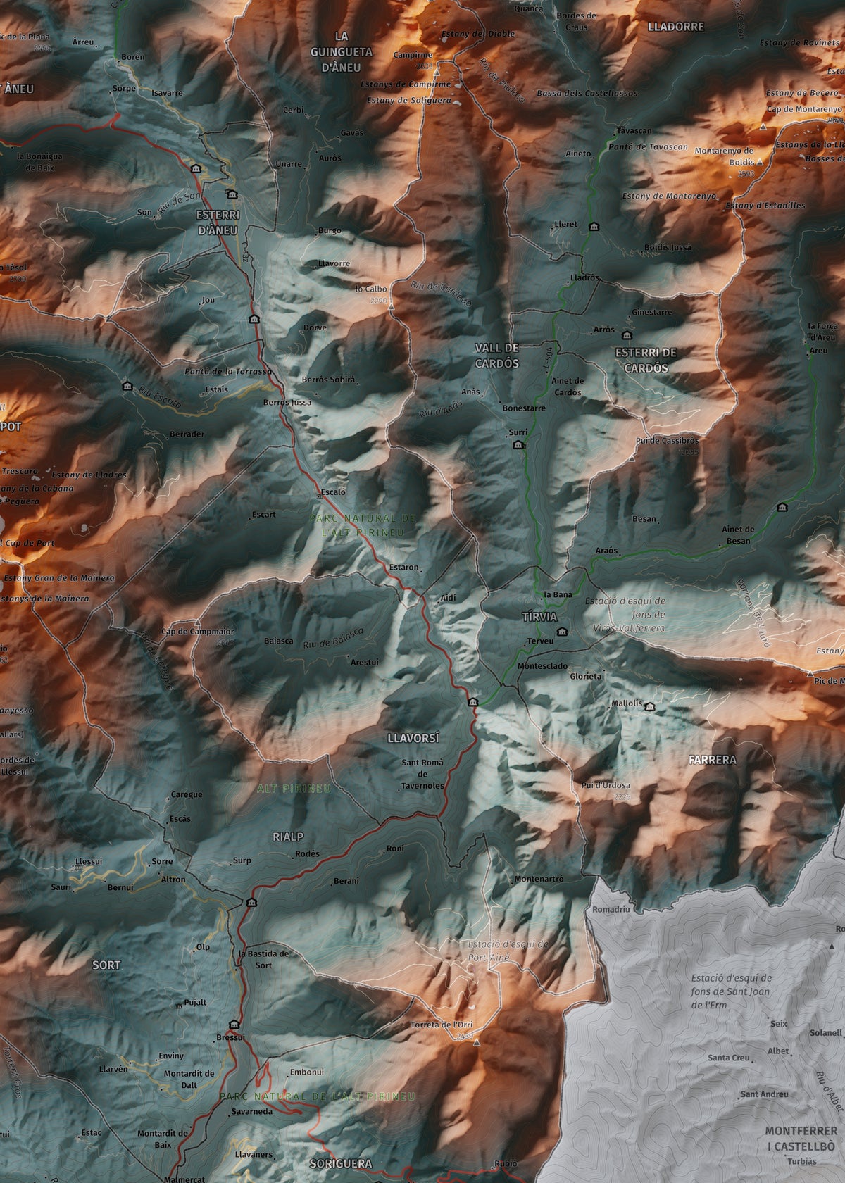 Mapa de relleu del Pallars Sobirà, amb el territori en color i l’entorn en blanc. Detall de la part central. 50 × 70 cm. Estil Blau i taronja.