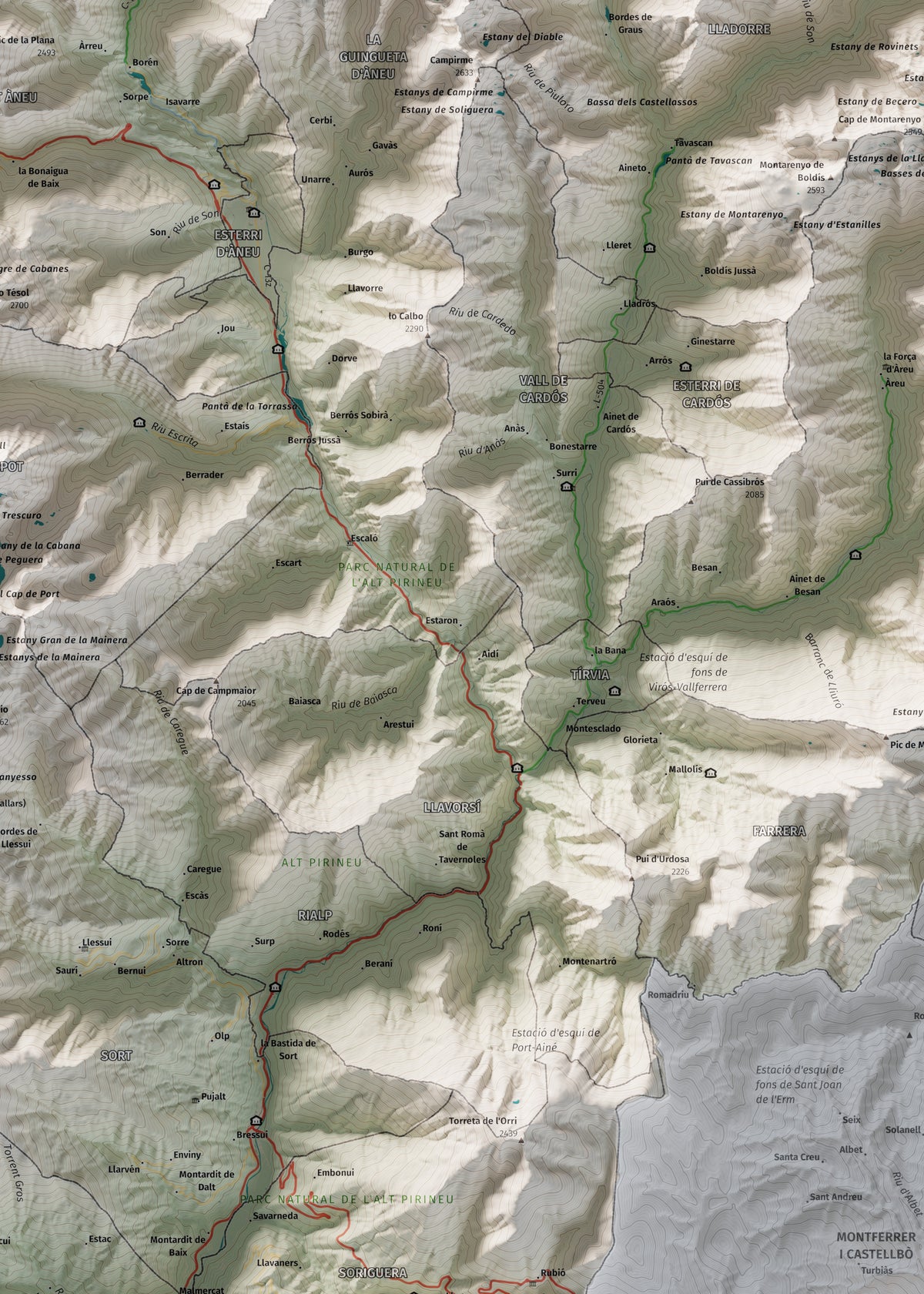 Mapa de relleu del Pallars Sobirà, amb el territori en color i l’entorn en blanc. Detall de la part central. 50 × 70 cm. Estil Cartogràfic.