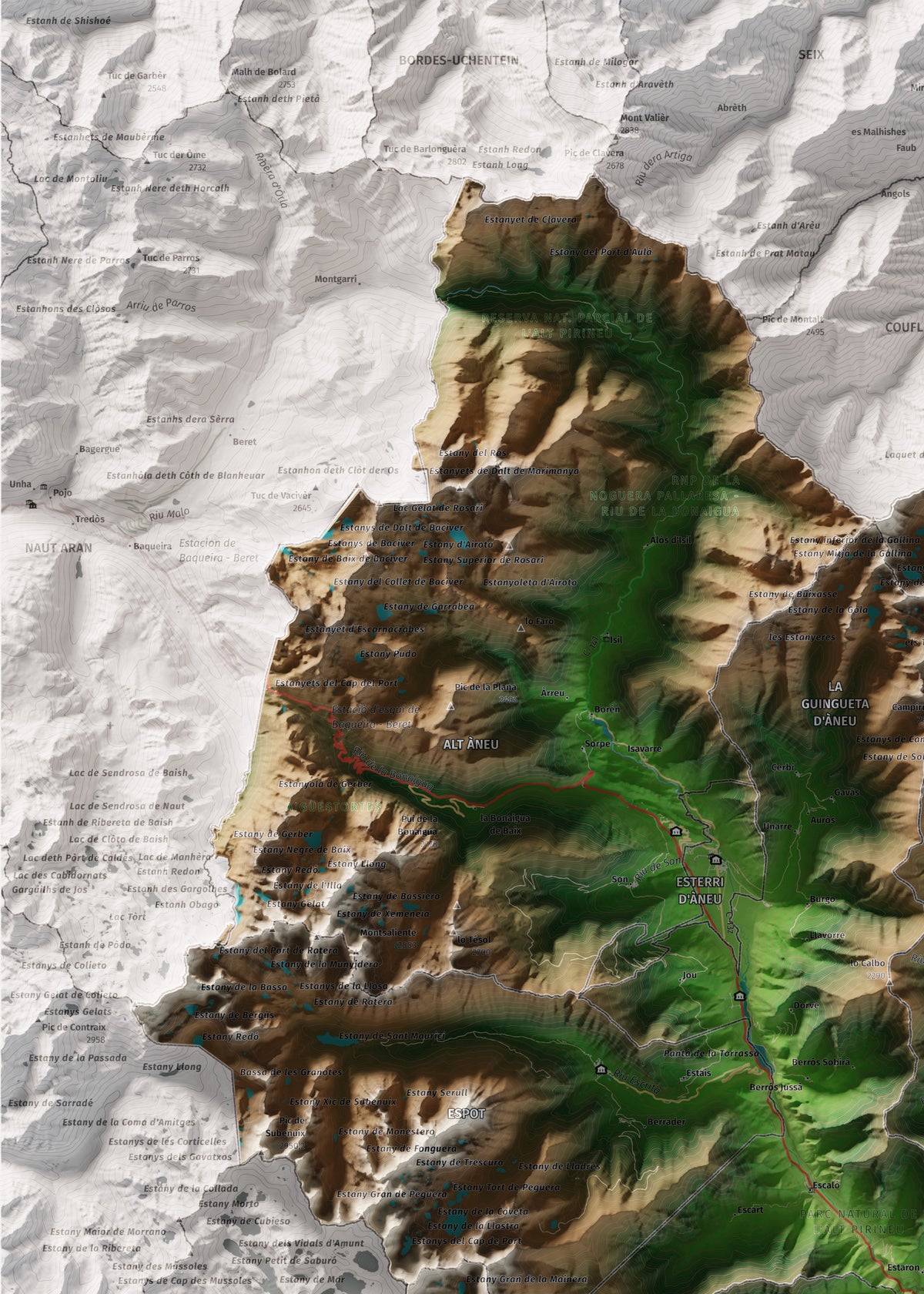 Mapa de relleu del Pallars Sobirà, amb el territori en color i l’entorn en blanc. Detall de la part superior esquerra. 50 × 70 cm. Estil Clàssic.