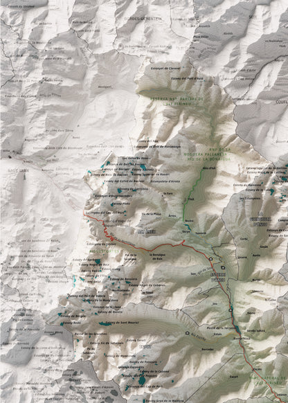 Mapa de relleu del Pallars Sobirà, amb el territori en color i l’entorn en blanc. Detall de la part superior esquerra. 50 × 70 cm. Estil Cartogràfic.