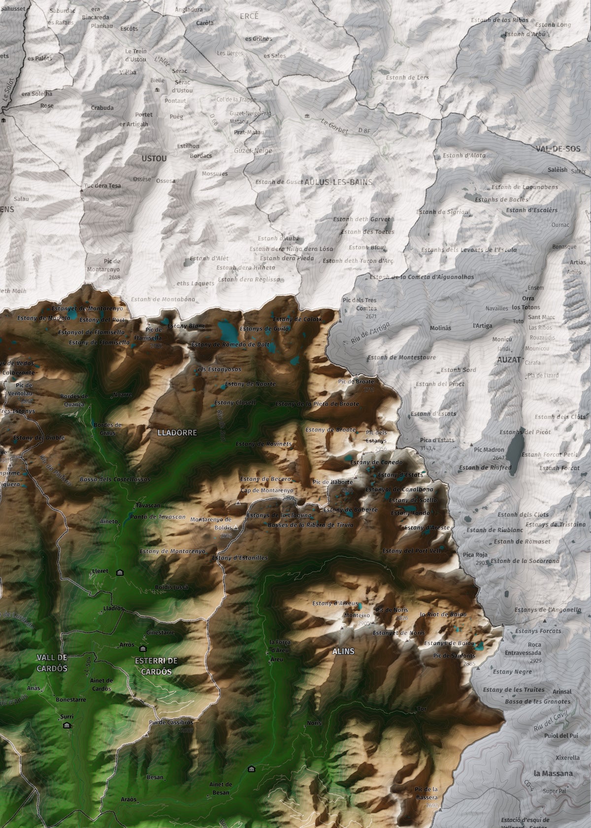 Mapa de relleu del Pallars Sobirà, amb el territori en color i l’entorn en blanc. Detall de la part superior dreta. 50 × 70 cm. Estil Clàssic.