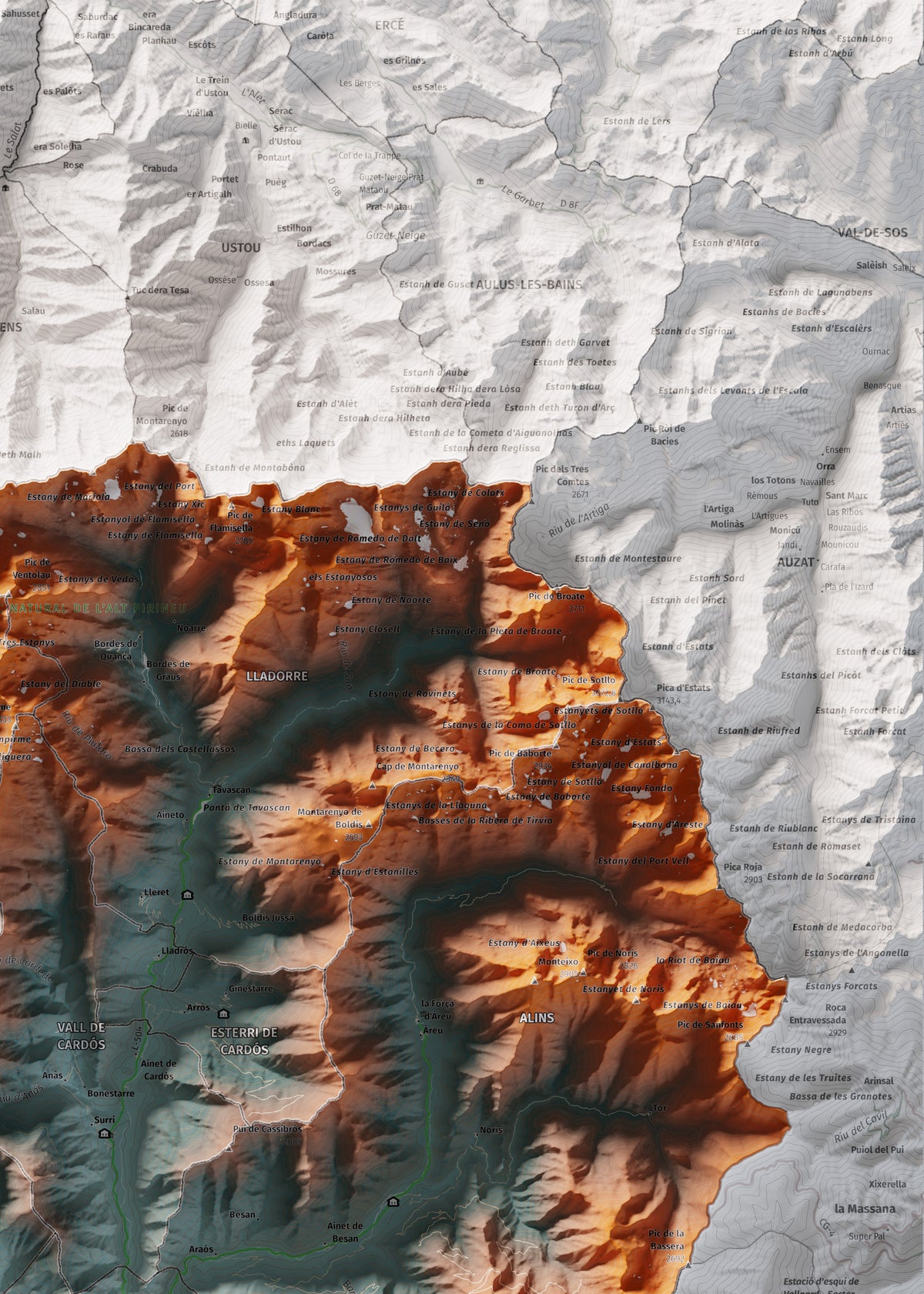 Mapa de relleu del Pallars Sobirà, amb el territori en color i l’entorn en blanc. Detall de la part superior dreta. 50 × 70 cm. Estil Blau i taronja.