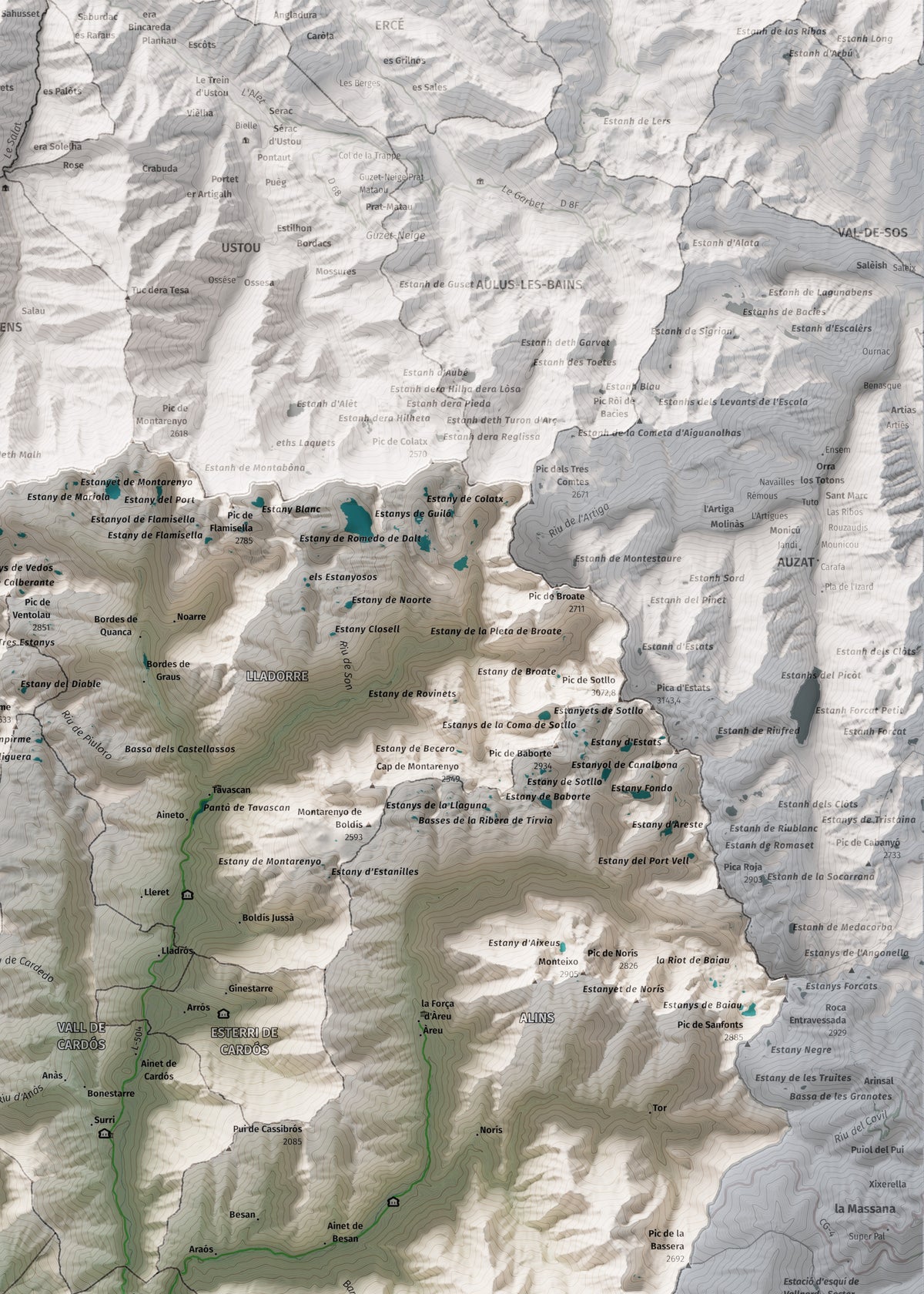 Mapa de relleu del Pallars Sobirà, amb el territori en color i l’entorn en blanc. Detall de la part superior dreta. 50 × 70 cm. Estil Cartogràfic.