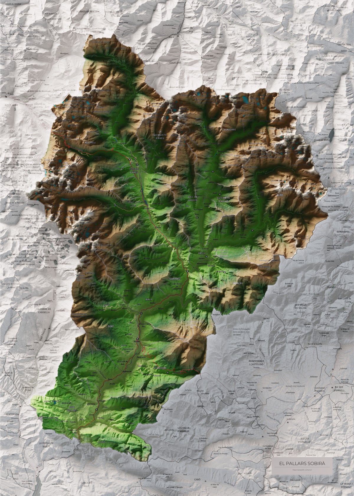Mapa de relleu del Pallars Sobirà, amb el territori en color i l’entorn en blanc. Vista completa de la làmina. 50 × 70 cm. Estil Clàssic.