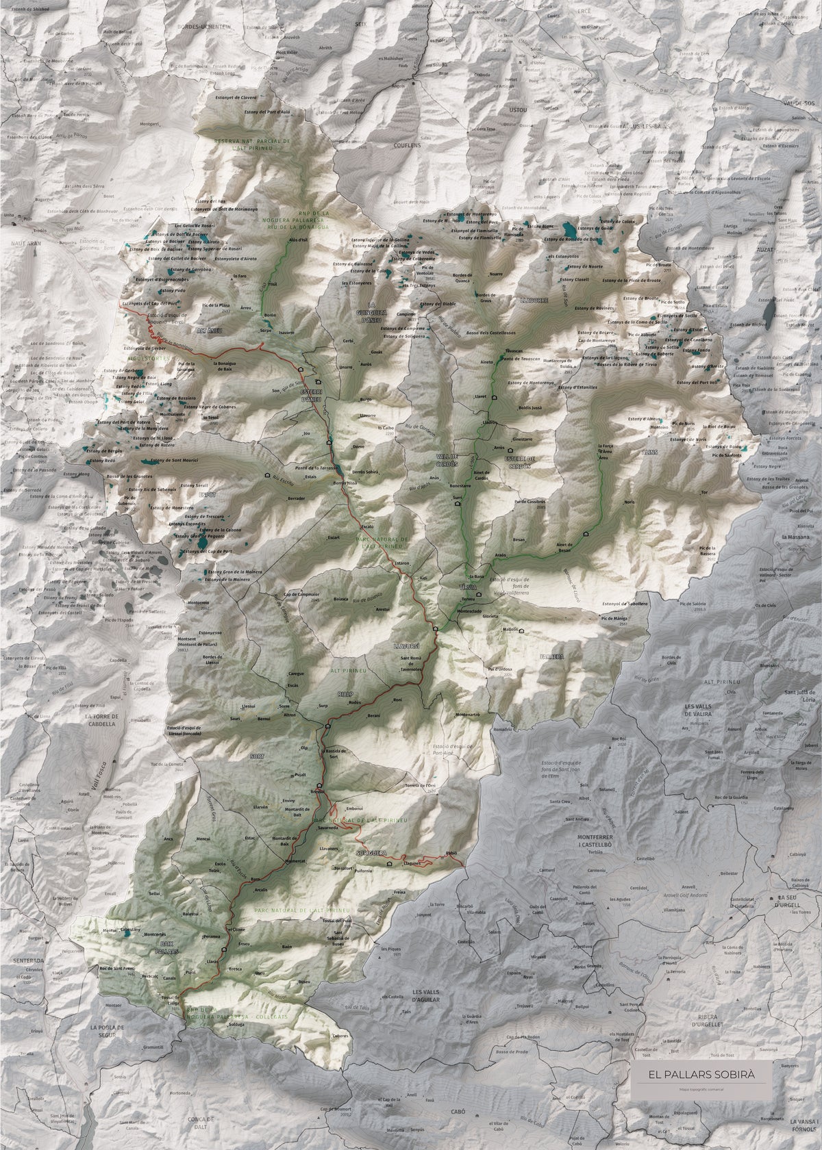 Mapa de relleu del Pallars Sobirà, amb el territori en color i l’entorn en blanc. Vista completa de la làmina. 50 × 70 cm. Estil Cartogràfic.