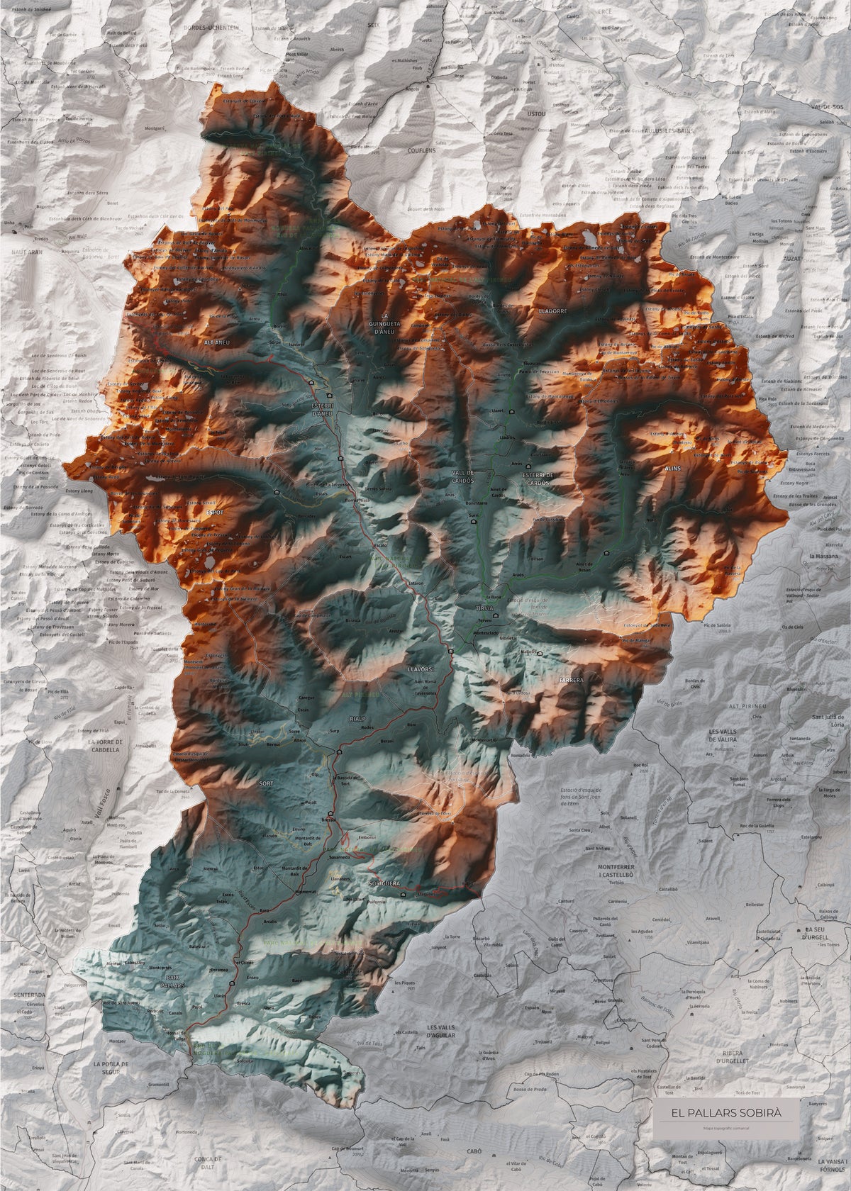 Mapa de relleu del Pallars Sobirà, amb el territori en color i l’entorn en blanc. Vista completa de la làmina. 50 × 70 cm. Estil Blau i taronja.