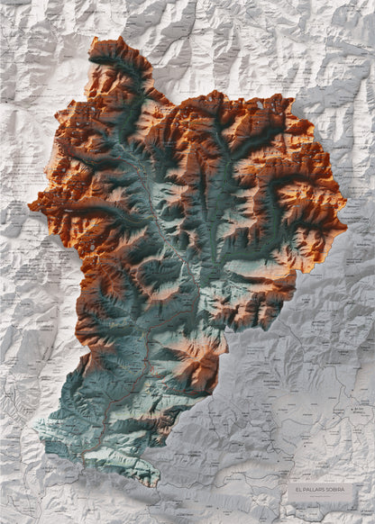 Mapa de relleu del Pallars Sobirà, amb el territori en color i l’entorn en blanc. Vista completa de la làmina. 50 × 70 cm. Estil Blau i taronja.