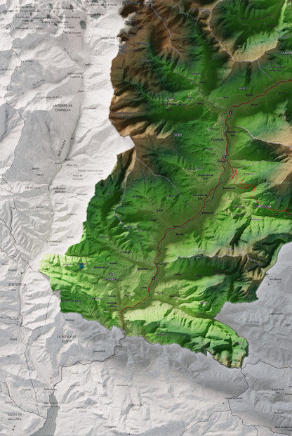 Mapa de relleu del Pallars Sobirà, amb el territori en color i l’entorn en blanc. Detall de la part inferior esquerra. 61 × 91 cm. Estil Clàssic.
