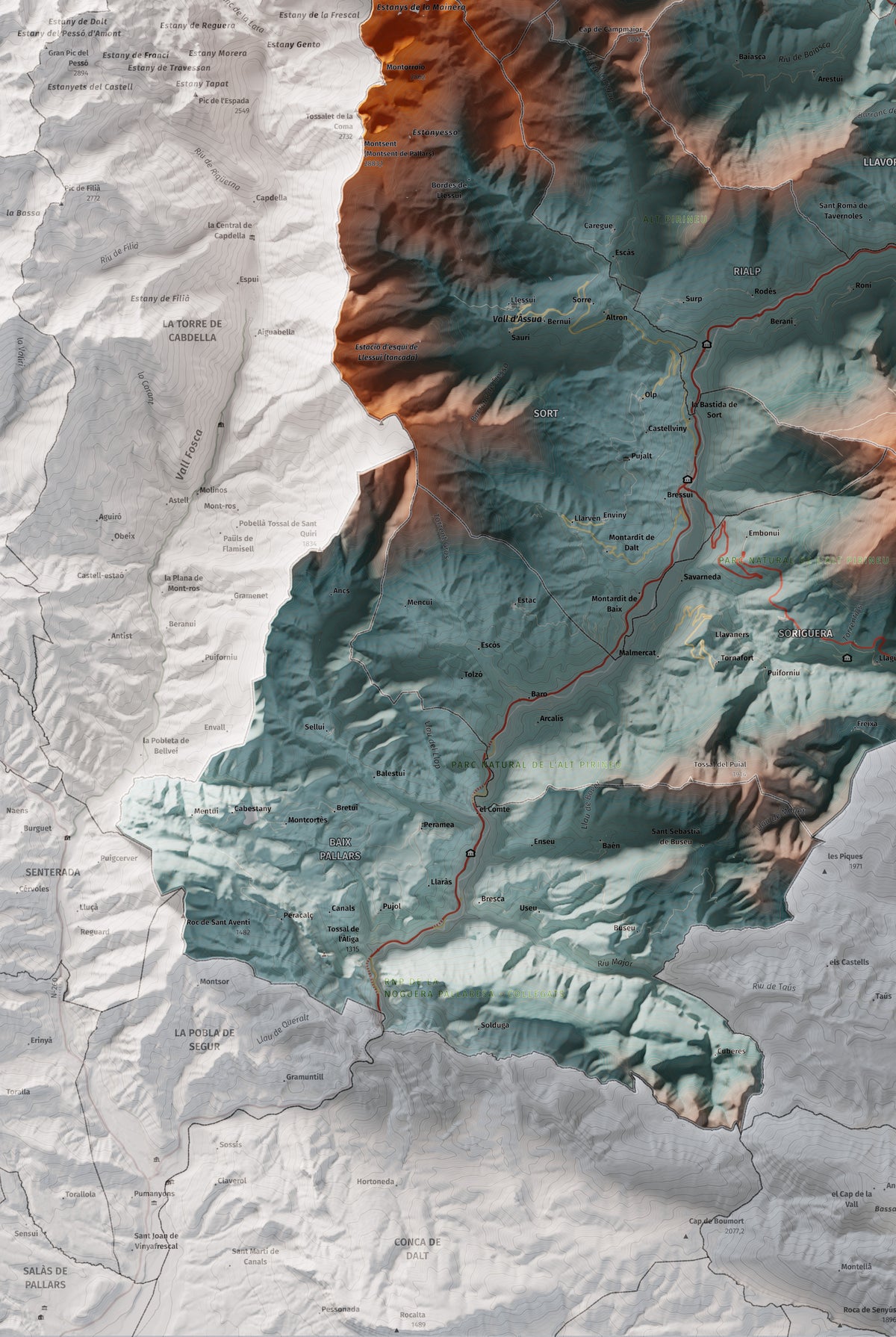 Mapa de relleu del Pallars Sobirà, amb el territori en color i l’entorn en blanc. Detall de la part inferior esquerra. 61 × 91 cm. Estil Blau i taronja.