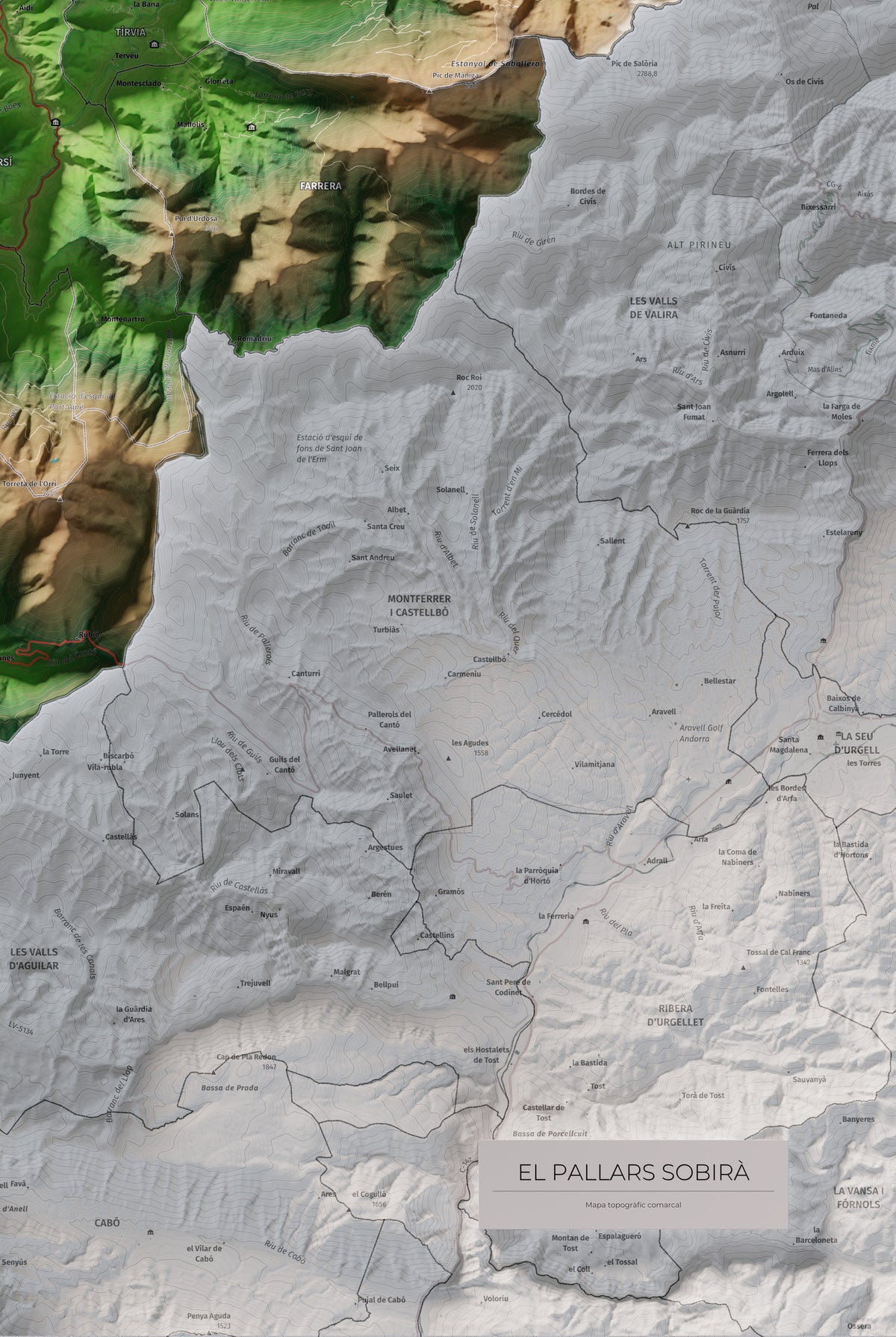 Mapa de relleu del Pallars Sobirà, amb el territori en color i l’entorn en blanc. Detall de la part inferior dreta. 61 × 91 cm. Estil Clàssic.