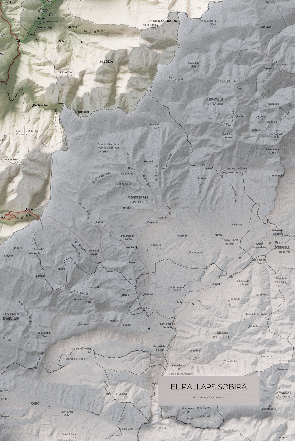 Mapa de relleu del Pallars Sobirà, amb el territori en color i l’entorn en blanc. Detall de la part inferior dreta. 61 × 91 cm. Estil Cartogràfic.