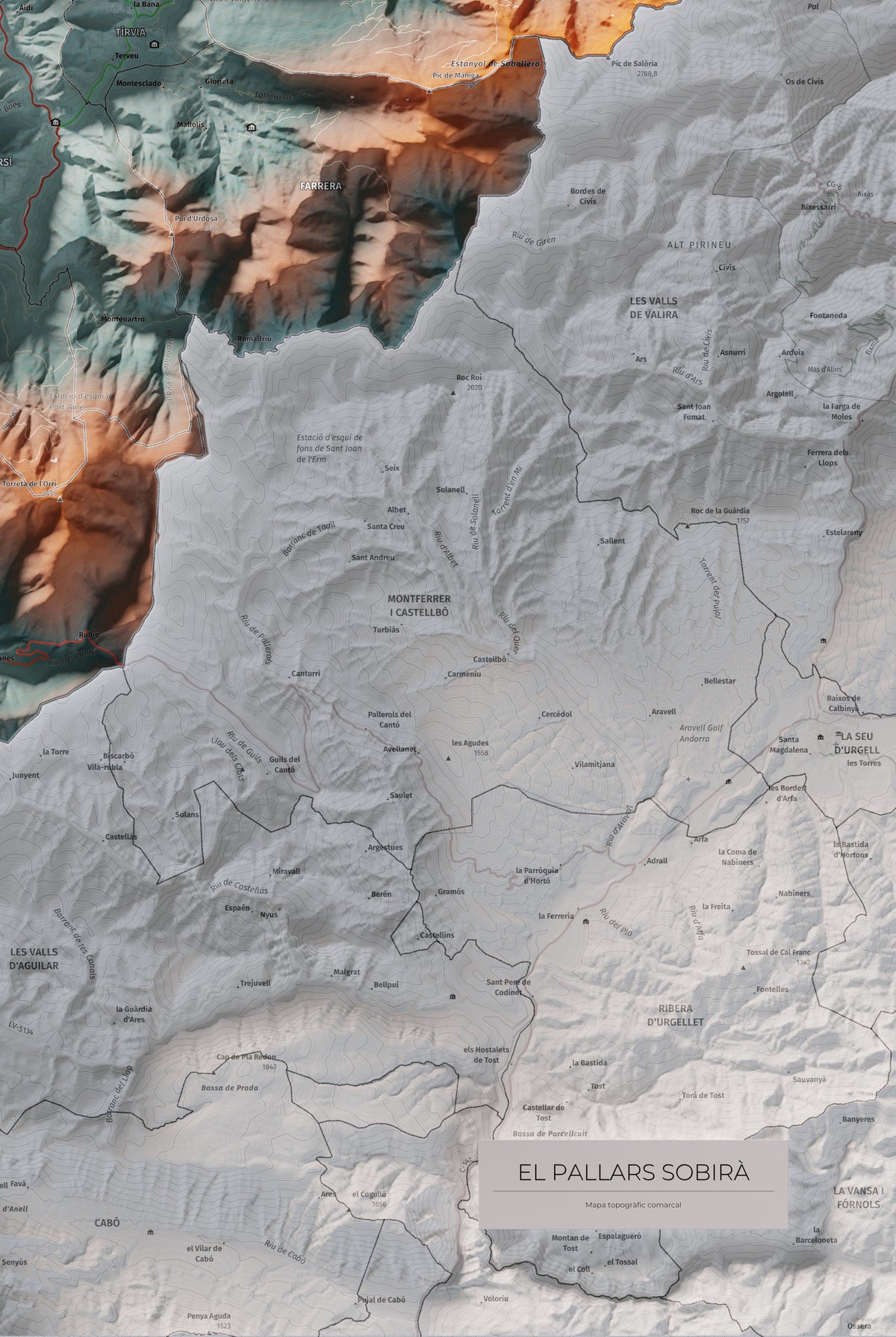 Mapa de relleu del Pallars Sobirà, amb el territori en color i l’entorn en blanc. Detall de la part inferior dreta. 61 × 91 cm. Estil Blau i taronja.
