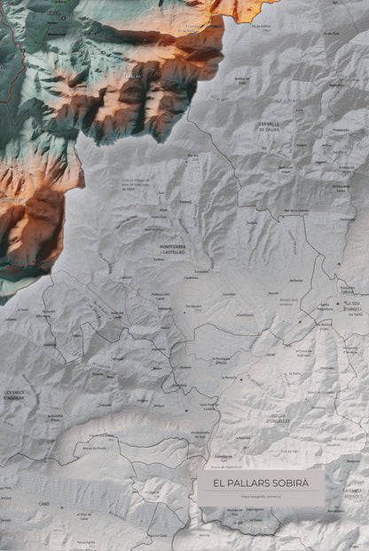 Mapa de relleu del Pallars Sobirà, amb el territori en color i l’entorn en blanc. Detall de la part inferior dreta. 61 × 91 cm. Estil Blau i taronja.