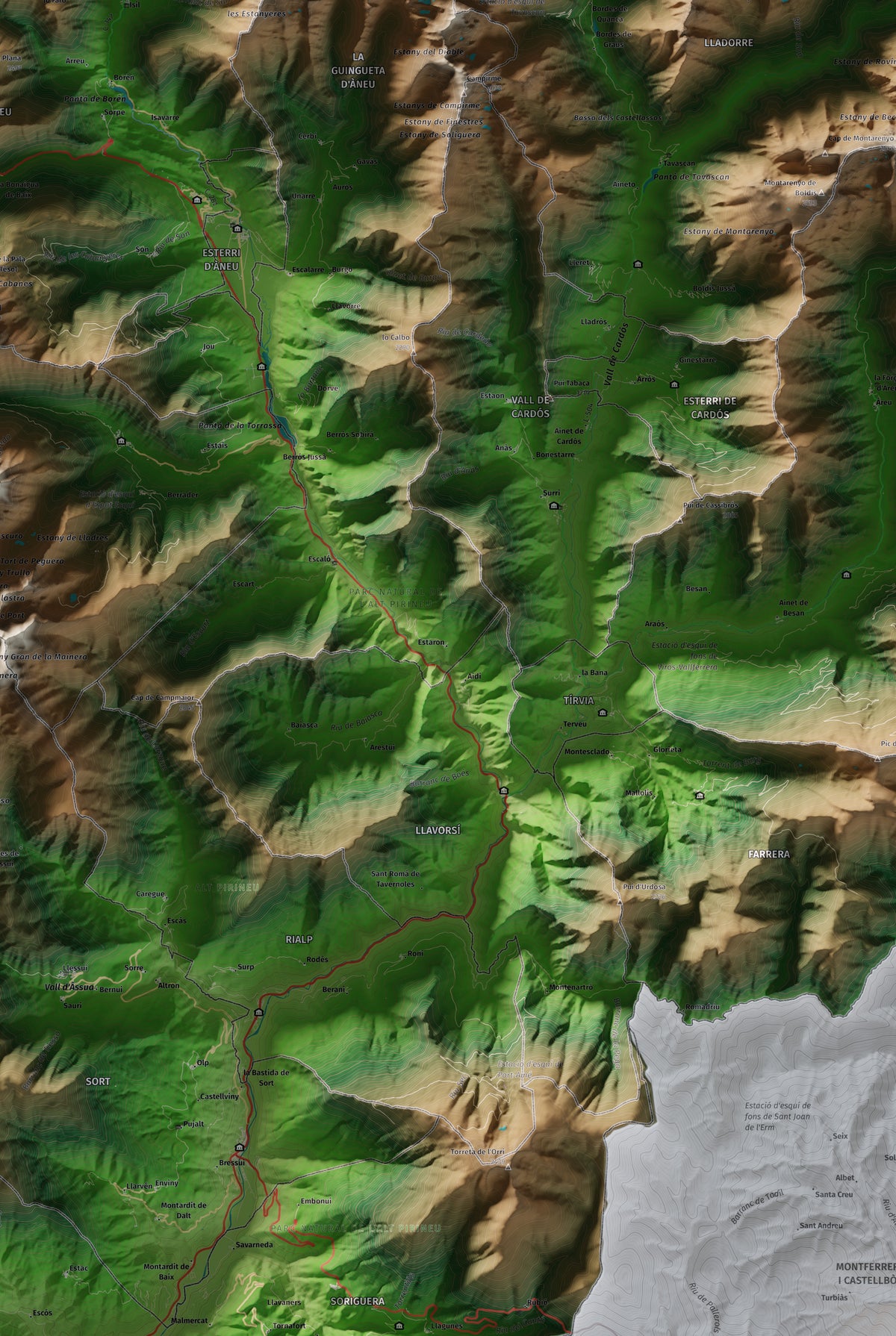Mapa de relleu del Pallars Sobirà, amb el territori en color i l’entorn en blanc. Detall de la part central. 61 × 91 cm. Estil Clàssic.