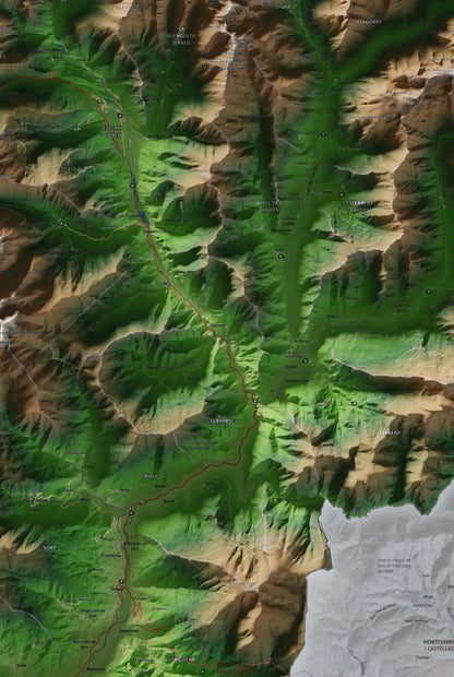 Mapa de relleu del Pallars Sobirà, amb el territori en color i l’entorn en blanc. Detall de la part central. 61 × 91 cm. Estil Clàssic.