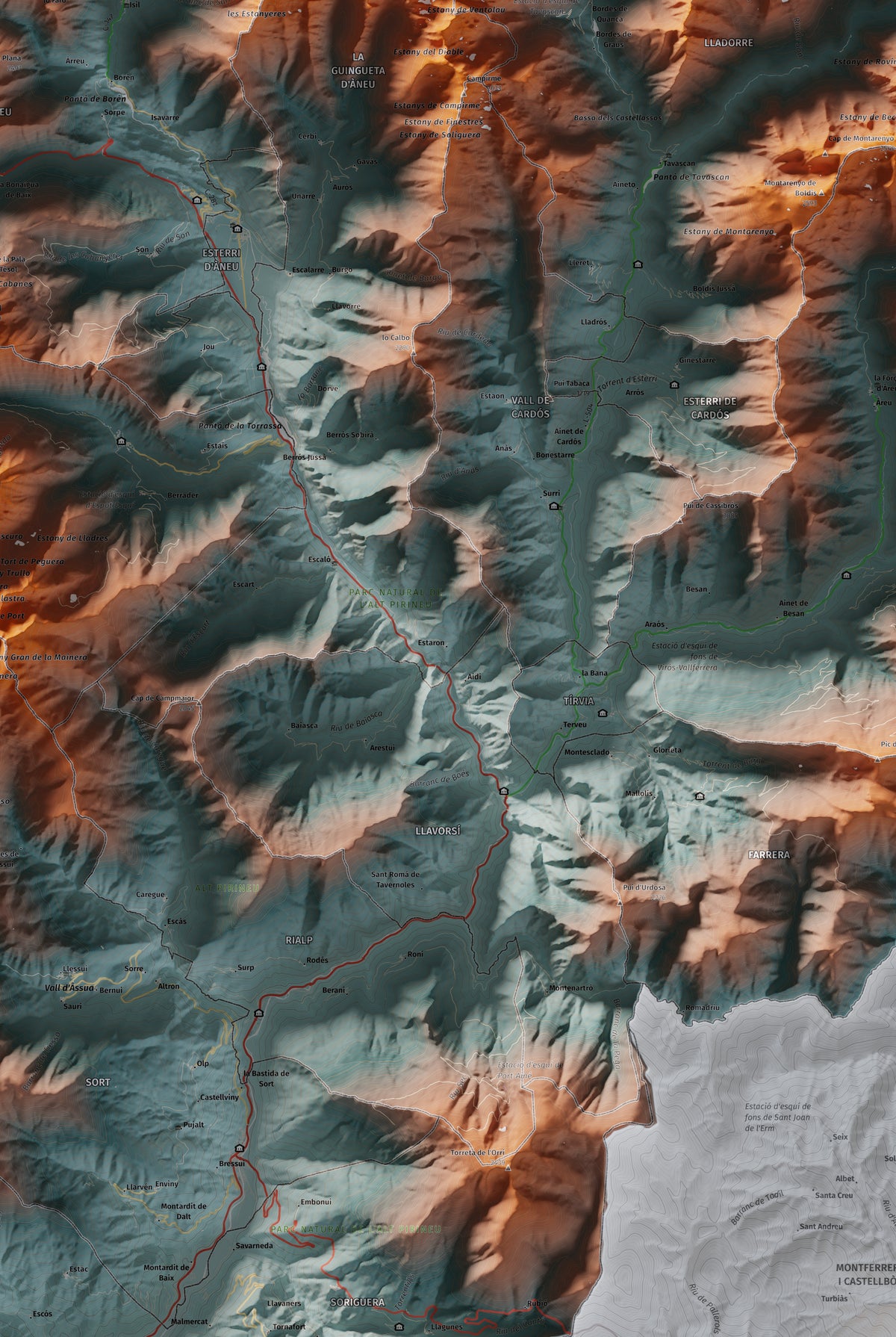Mapa de relleu del Pallars Sobirà, amb el territori en color i l’entorn en blanc. Detall de la part central. 61 × 91 cm. Estil Blau i taronja.