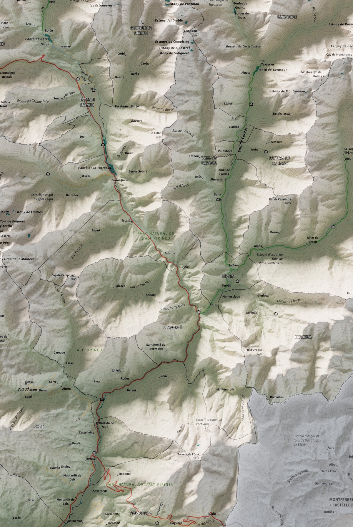 Mapa de relleu del Pallars Sobirà, amb el territori en color i l’entorn en blanc. Detall de la part central. 61 × 91 cm. Estil Cartogràfic.
