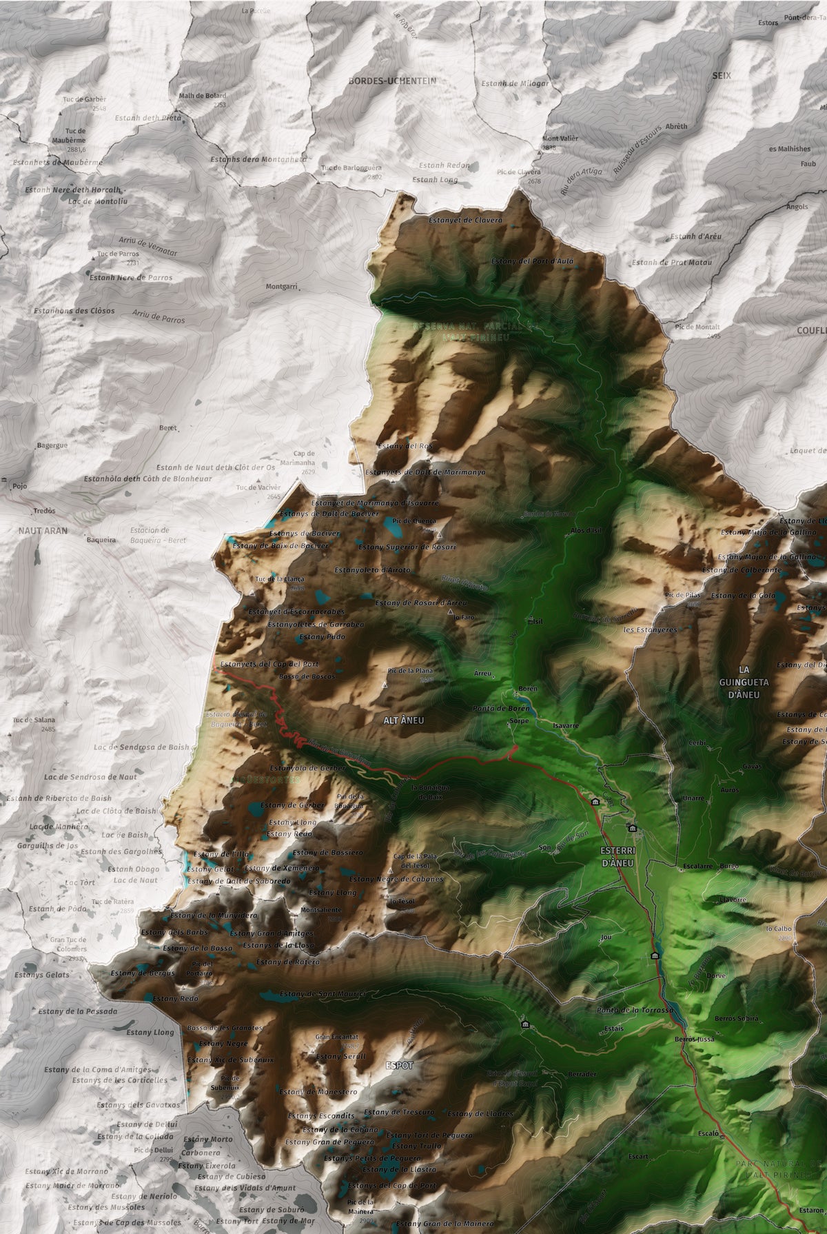 Mapa de relleu del Pallars Sobirà, amb el territori en color i l’entorn en blanc. Detall de la part superior esquerra. 61 × 91 cm. Estil Clàssic.