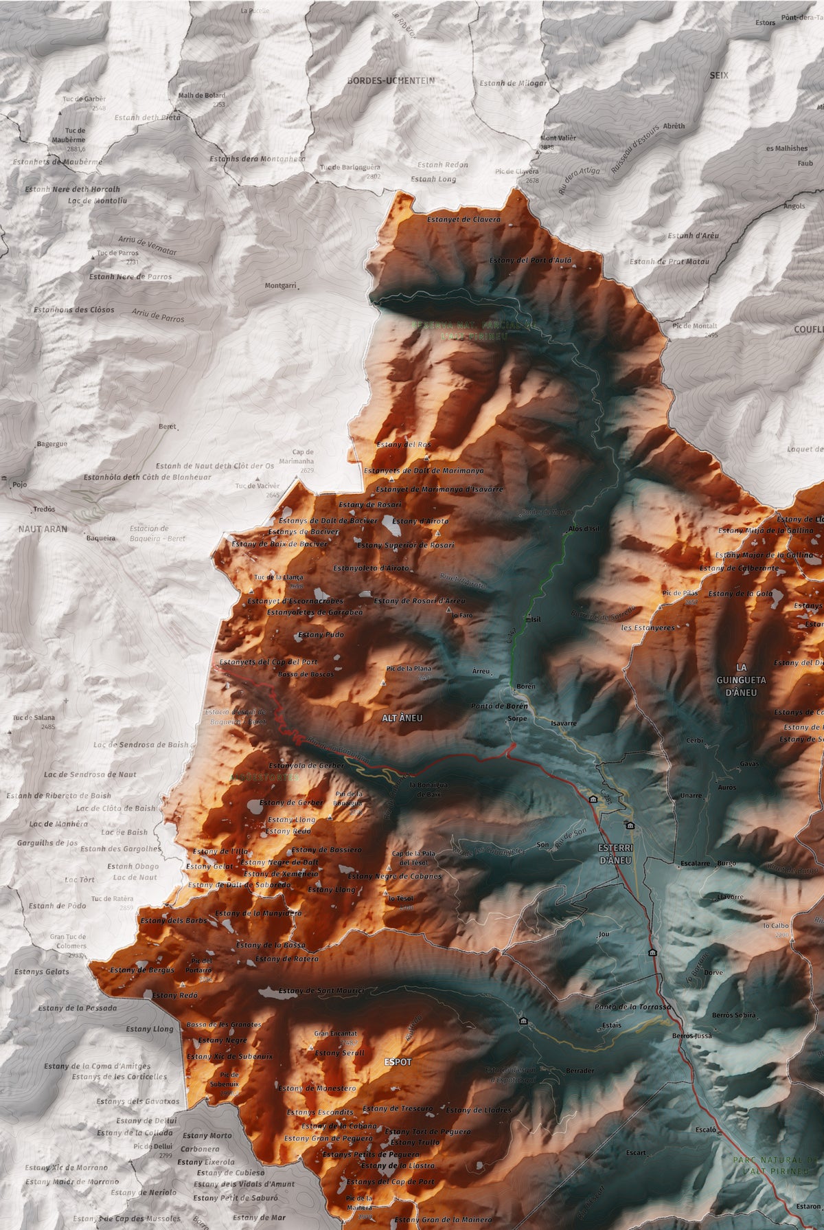 Mapa de relleu del Pallars Sobirà, amb el territori en color i l’entorn en blanc. Detall de la part superior esquerra. 61 × 91 cm. Estil Blau i taronja.