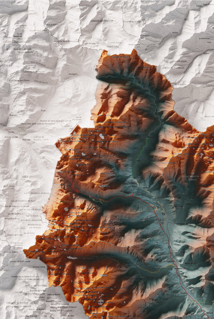 Mapa de relleu del Pallars Sobirà, amb el territori en color i l’entorn en blanc. Detall de la part superior esquerra. 61 × 91 cm. Estil Blau i taronja.