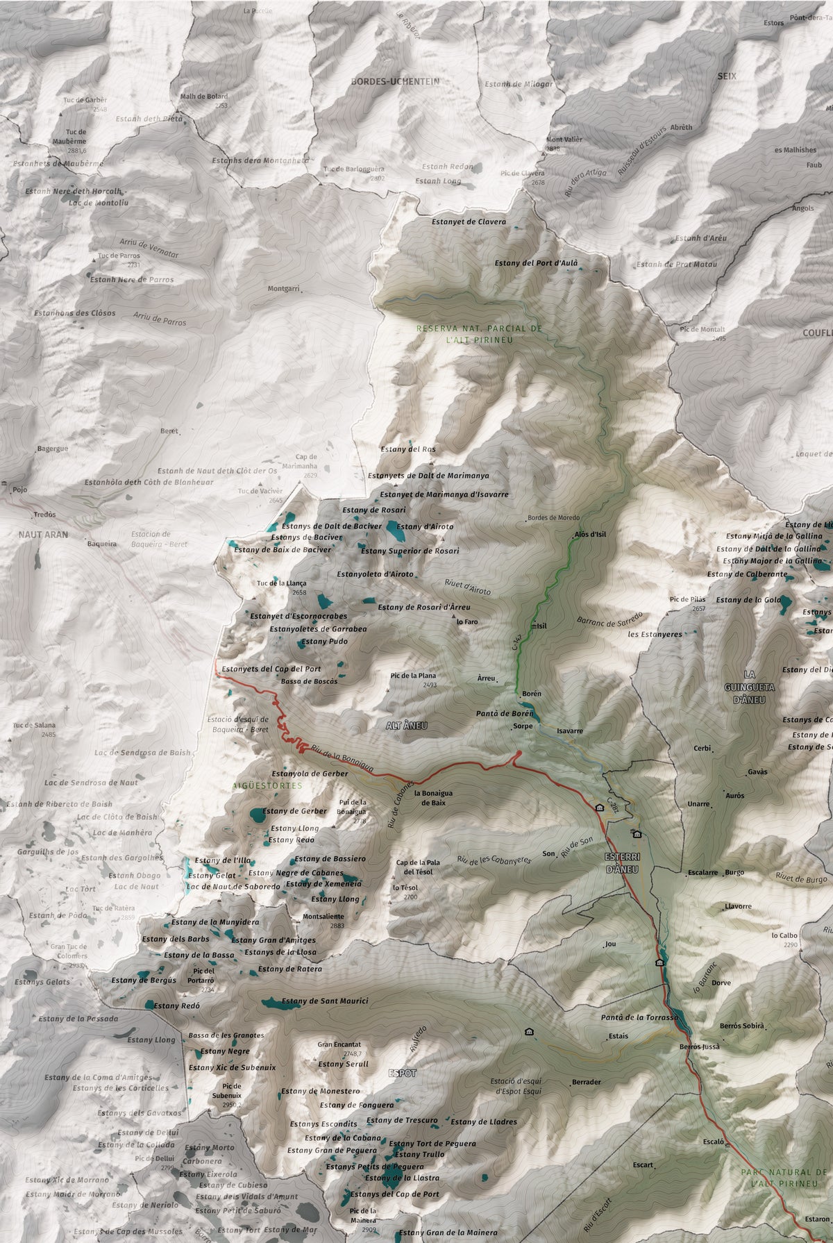 Mapa de relleu del Pallars Sobirà, amb el territori en color i l’entorn en blanc. Detall de la part superior esquerra. 61 × 91 cm. Estil Cartogràfic.