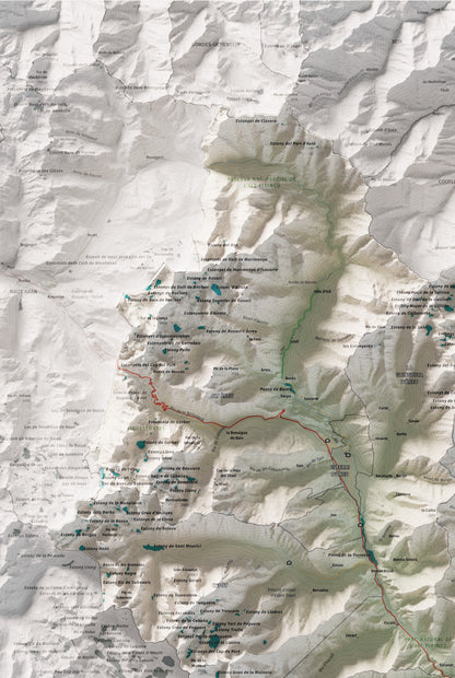 Mapa de relleu del Pallars Sobirà, amb el territori en color i l’entorn en blanc. Detall de la part superior esquerra. 61 × 91 cm. Estil Cartogràfic.