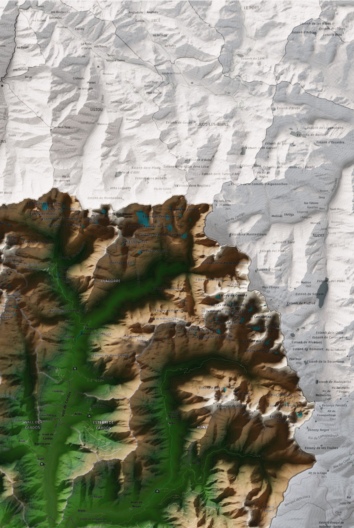 Mapa de relleu del Pallars Sobirà, amb el territori en color i l’entorn en blanc. Detall de la part superior dreta. 61 × 91 cm. Estil Clàssic.