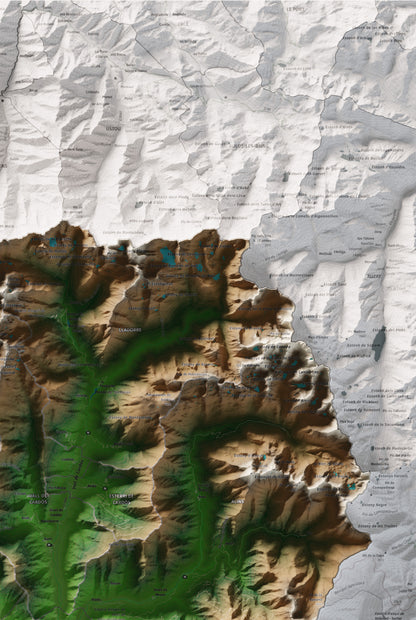 Mapa de relleu del Pallars Sobirà, amb el territori en color i l’entorn en blanc. Detall de la part superior dreta. 61 × 91 cm. Estil Clàssic.