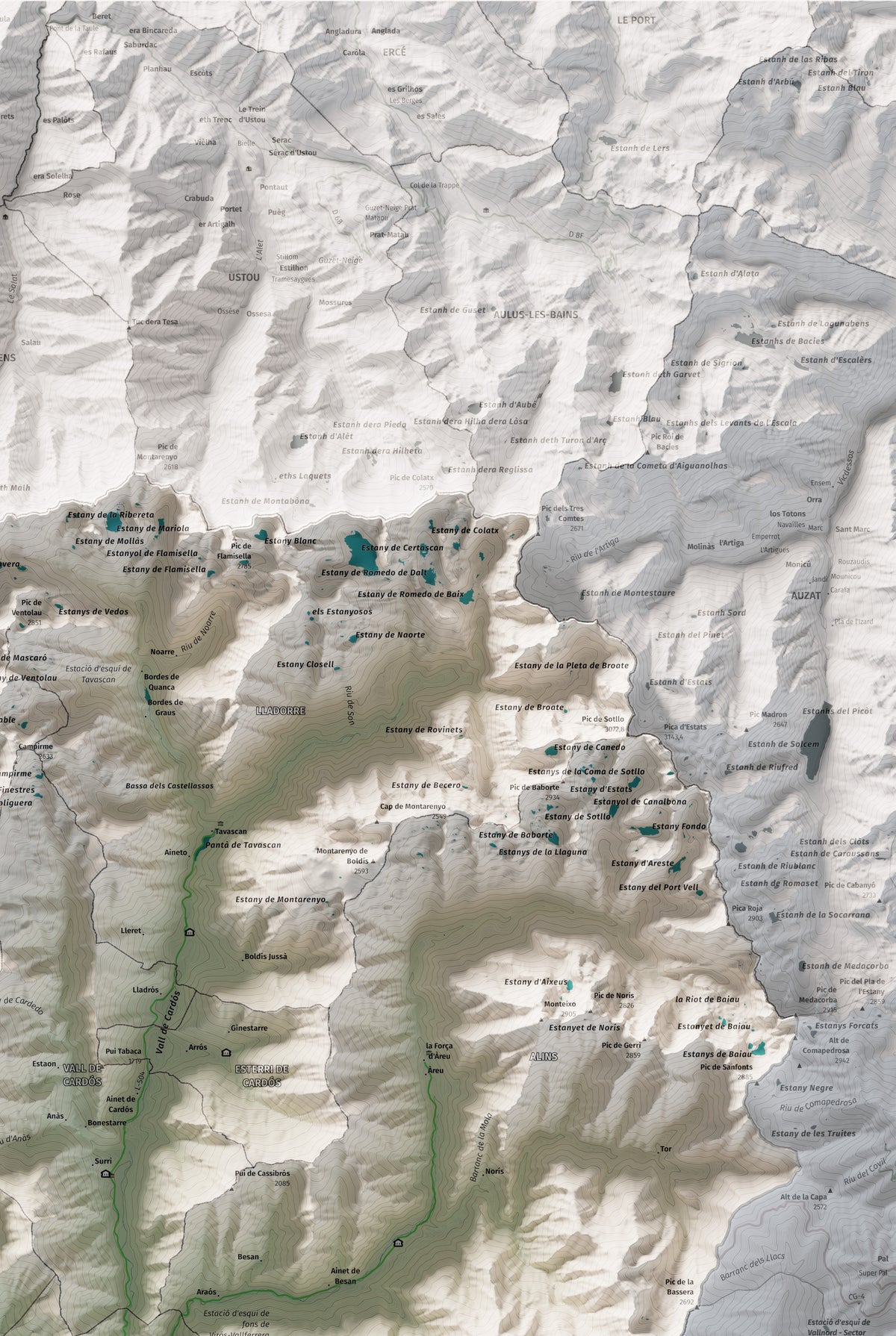 Mapa de relleu del Pallars Sobirà, amb el territori en color i l’entorn en blanc. Detall de la part superior dreta. 61 × 91 cm. Estil Cartogràfic.