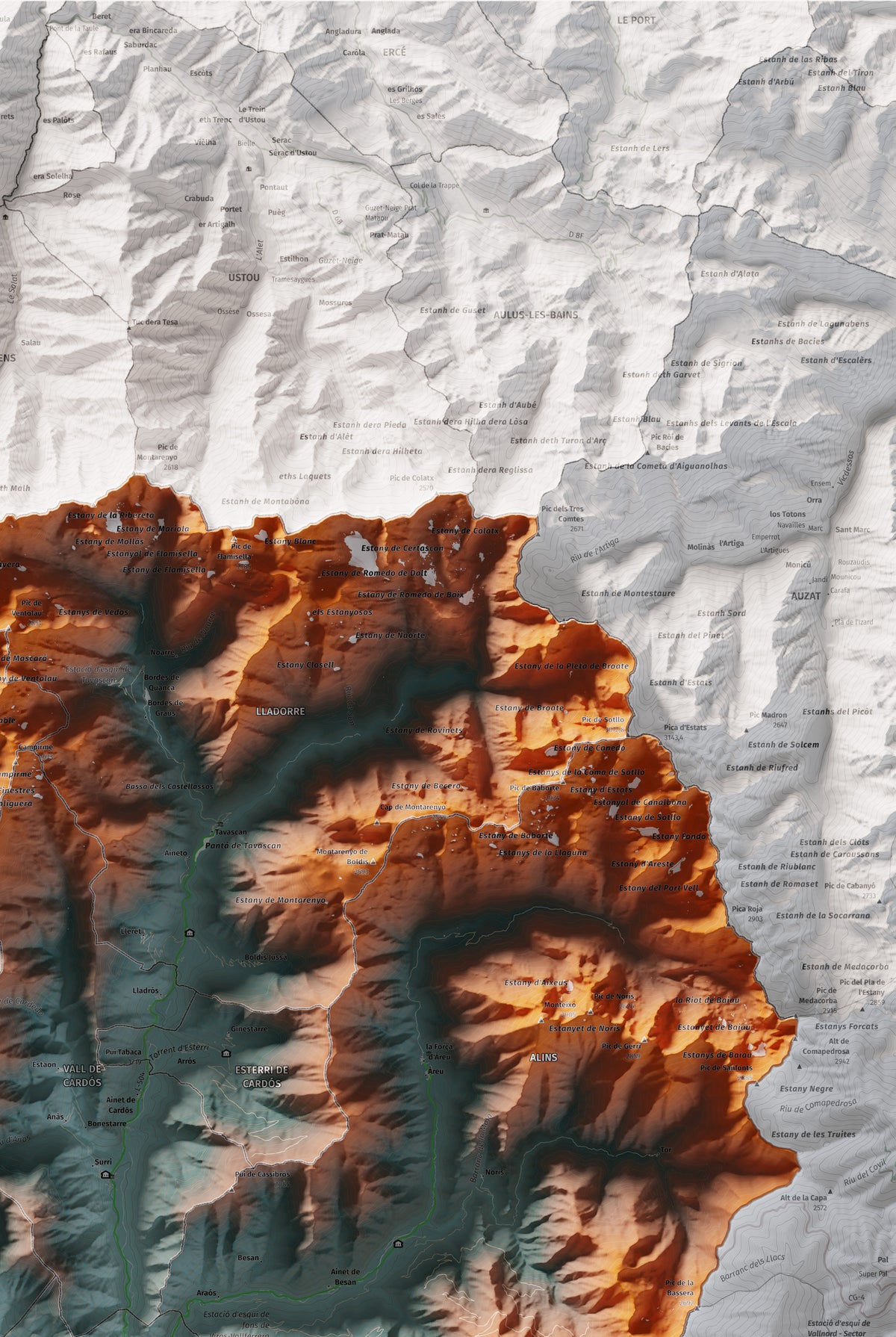 Mapa de relleu del Pallars Sobirà, amb el territori en color i l’entorn en blanc. Detall de la part superior dreta. 61 × 91 cm. Estil Blau i taronja.