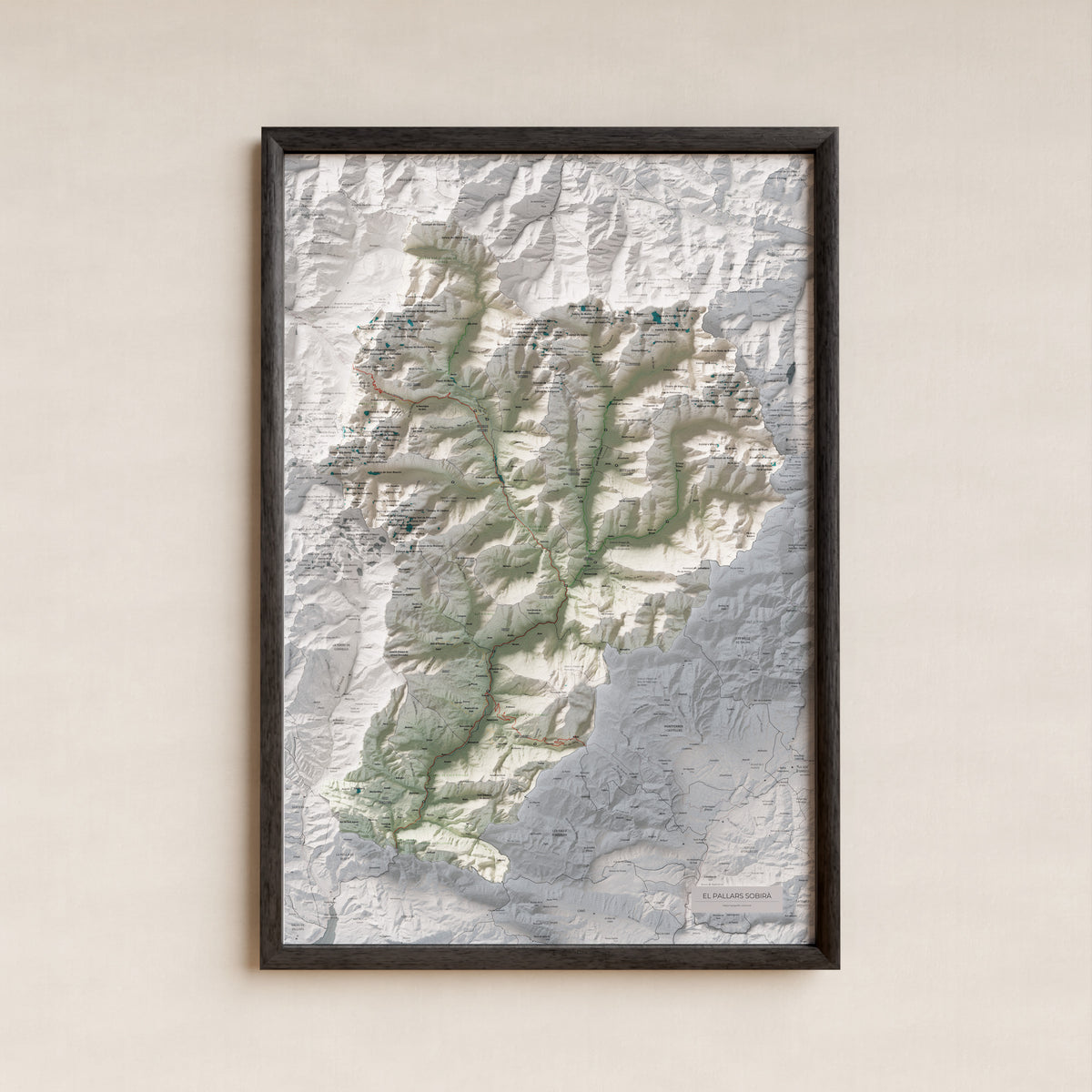 Mapa de relleu del Pallars Sobirà, amb el territori en color i l’entorn en blanc. Presentació amb marc. 61 × 91 cm. Estil Cartogràfic.