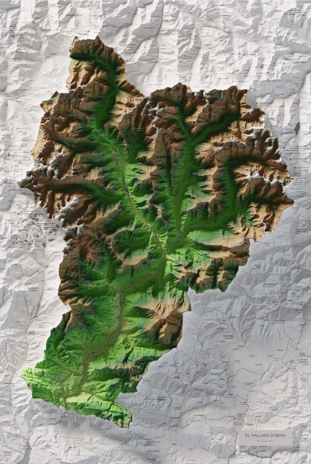 Mapa de relleu del Pallars Sobirà, amb el territori en color i l’entorn en blanc. Vista completa de la làmina. 61 × 91 cm. Estil Clàssic.