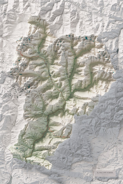 Mapa de relleu del Pallars Sobirà, amb el territori en color i l’entorn en blanc. Vista completa de la làmina. 61 × 91 cm. Estil Cartogràfic.